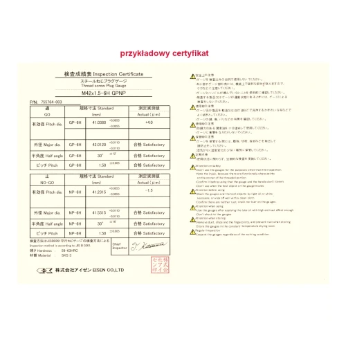 Sprawdzian trzpieniowy Eisen SPW GO+NOGO M6-6H