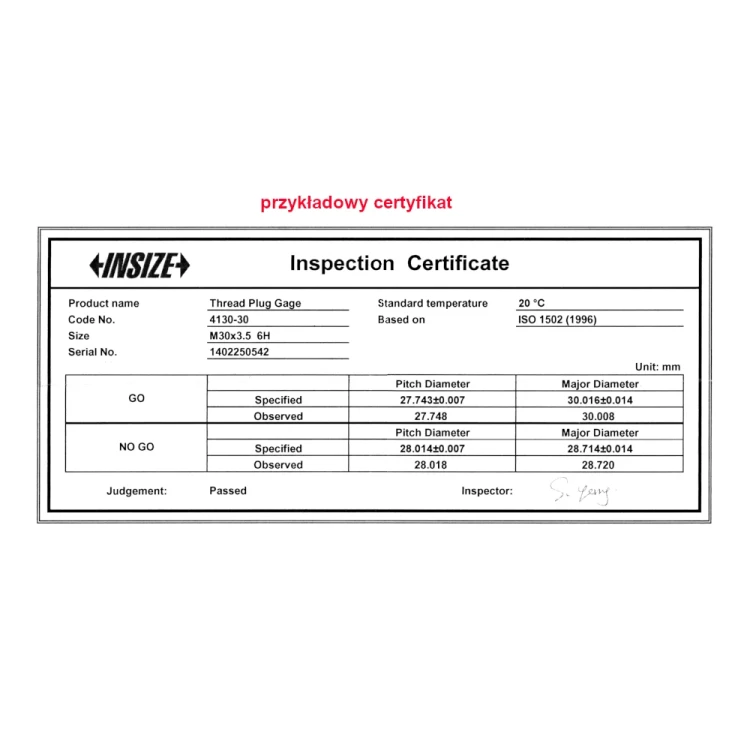 Sprawdzian trzpieniowy Insize GO+NOGO M20-6H